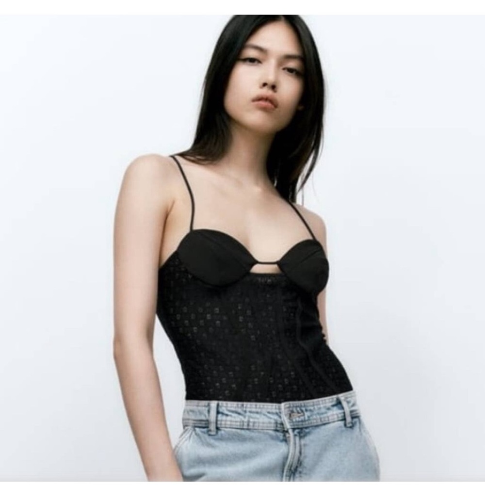 NWT. Zara Black Lace Corseted Bodysuit with Adjustable Straps. Size XS.
